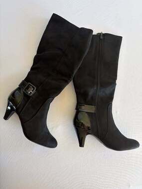 East 5th EF Savio Women's Knee High Boots Black Suede Patent Heel Buckle US 10